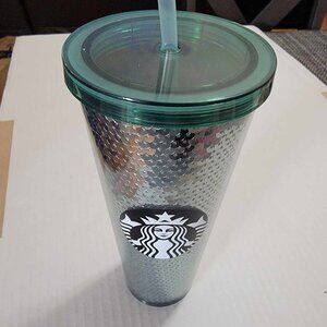 New Starbucks Green Sequin Venti Tumbler Cup 24 Oz. Rare 2017